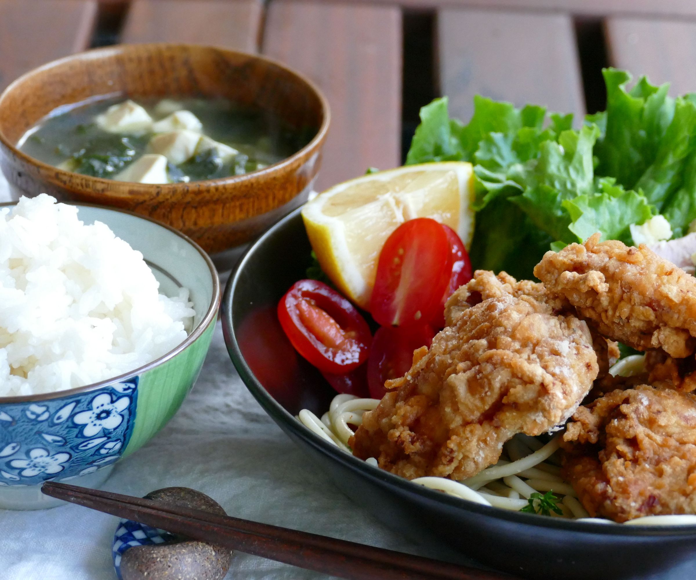 Crunchy Karaage (fried Chicken), Potato Salad, Seaweed Soup