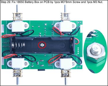 Fix 18650 Battery Box on PCB by 1pcs M3*8mm Screw and 1pcs M3 Nut