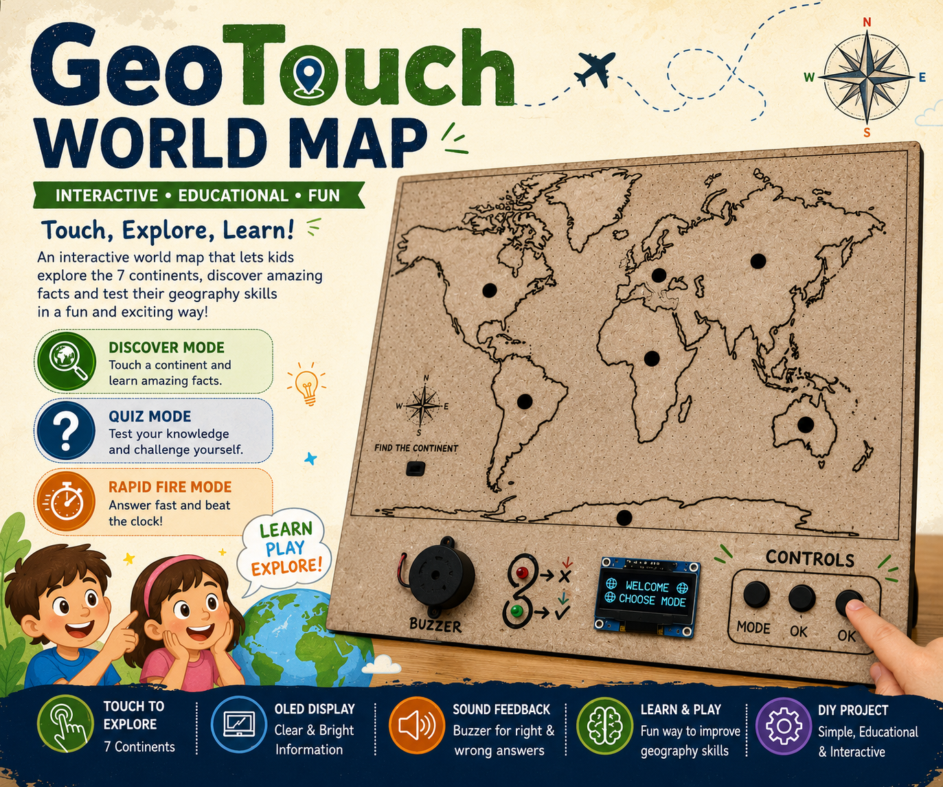 GeoTouch World Map : Interactive Learning Map With OLED & Touch Controls
