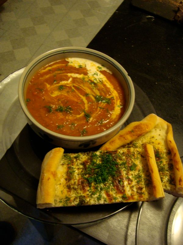 Creamy Tomato Dill Soup With Georgian Cheese Flatbread