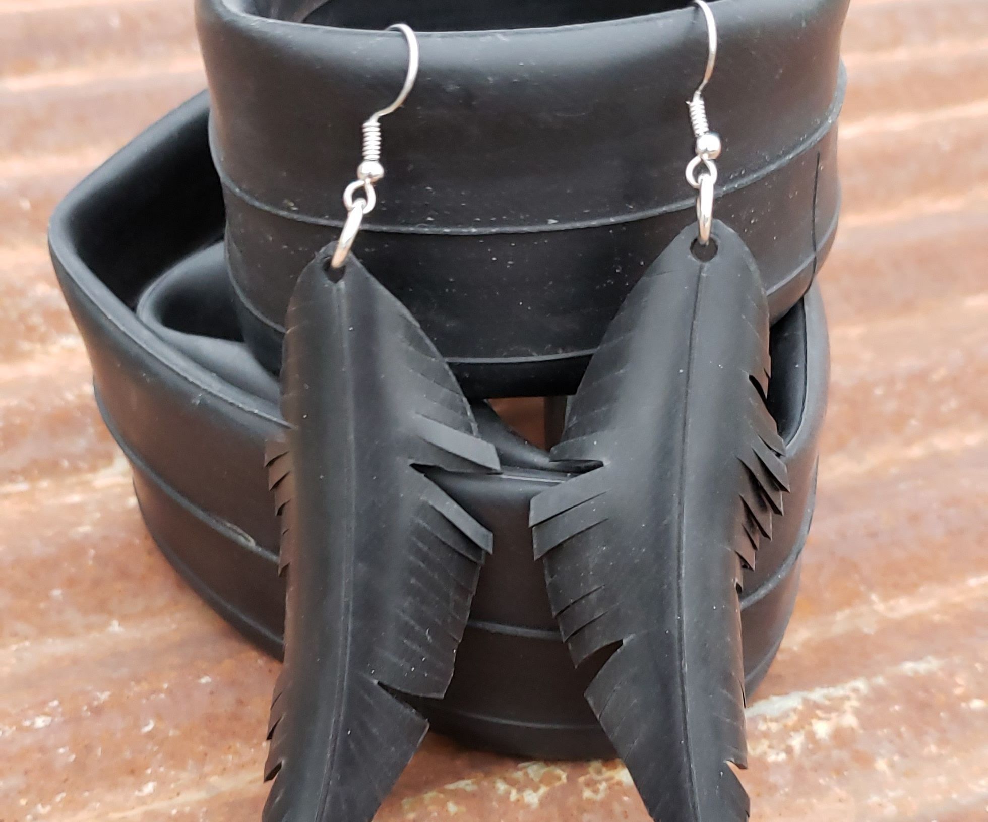 Recycled Bicycle Tube Feather Earrings