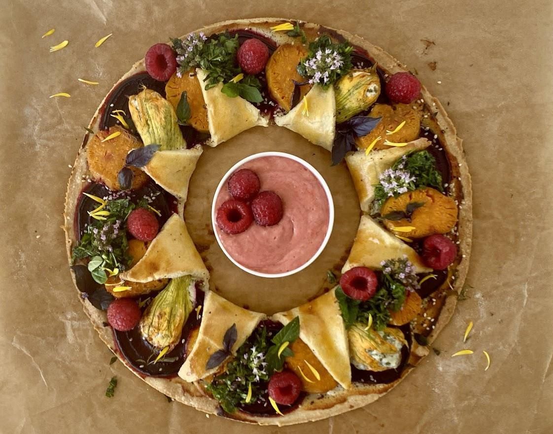 Beetroot, Sweet Potato, Stuffed Courgette Flowers Galette With Raspberry and Herbs