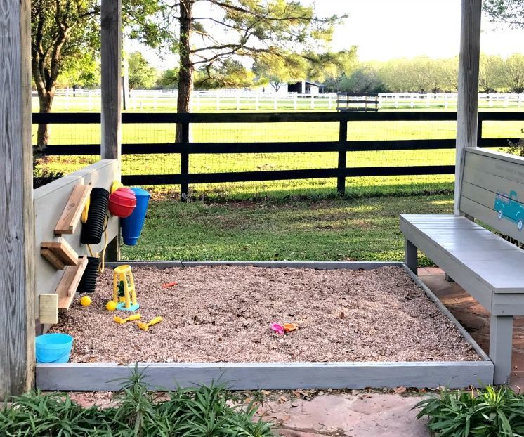 A Fun Pea Gravel Play Area, DIY Rustic Bench & Backyard Activity Wall