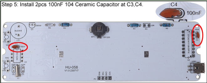 Install 2pcs 100nF Ceramic Capacitor at C3,c4