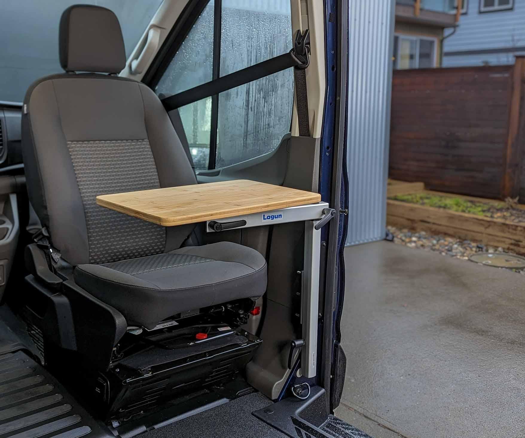 Modular Table to Passenger/Driver Seat of a Ford Transit Camper Van Conversion. 4 Steps