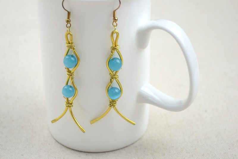 DIY Golden Handcrafted Copper Earrings Combined With Blue Cat’s Eye Beads
