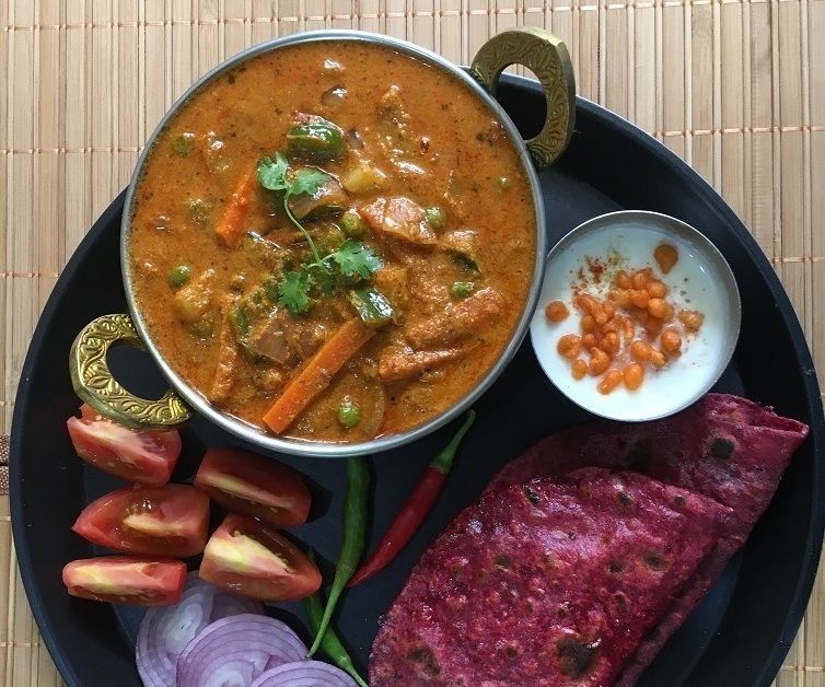 Mixed Vegetable Kadai Masala With Beetroot Parathas