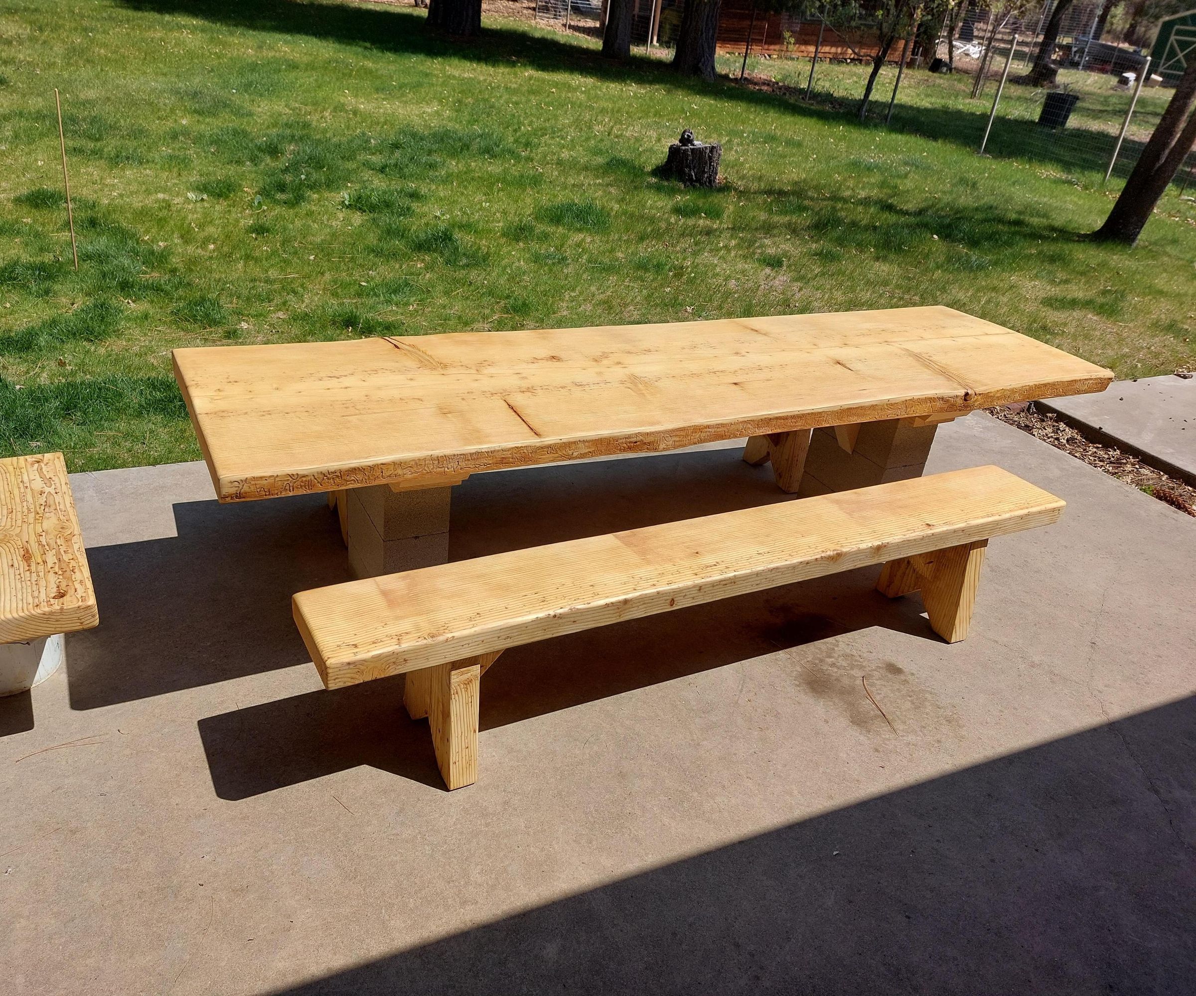 Patio Table With Cinder Block Legs and Beeswax Finish (Benches Included)