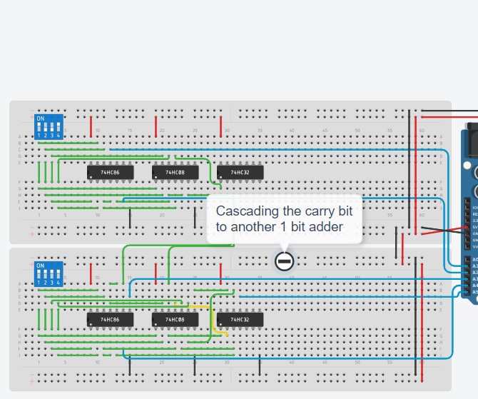 Showing 4 Bit Binary Addition Through a 7 Segment Display