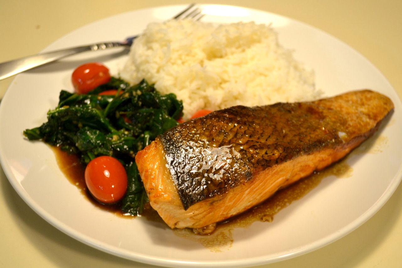 Pan Seared Salmon With Sauteed Spinach Over Jasmine White Rice