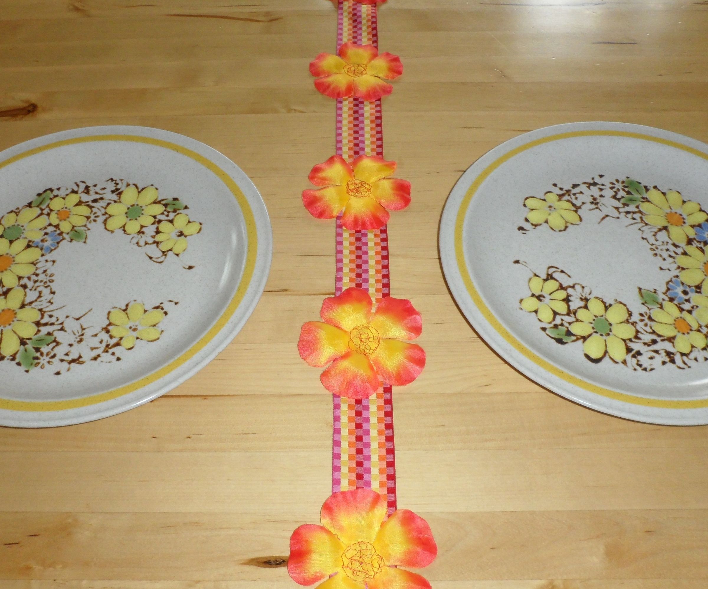 Flower Table Runner From Lei and Ribbon