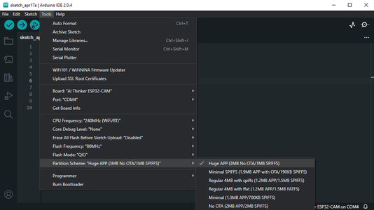 Click on Tools and Navigate to "partition Scheme". Click on That and Select "Huge APP (3MB No OTA/1MB SPIFFS)"