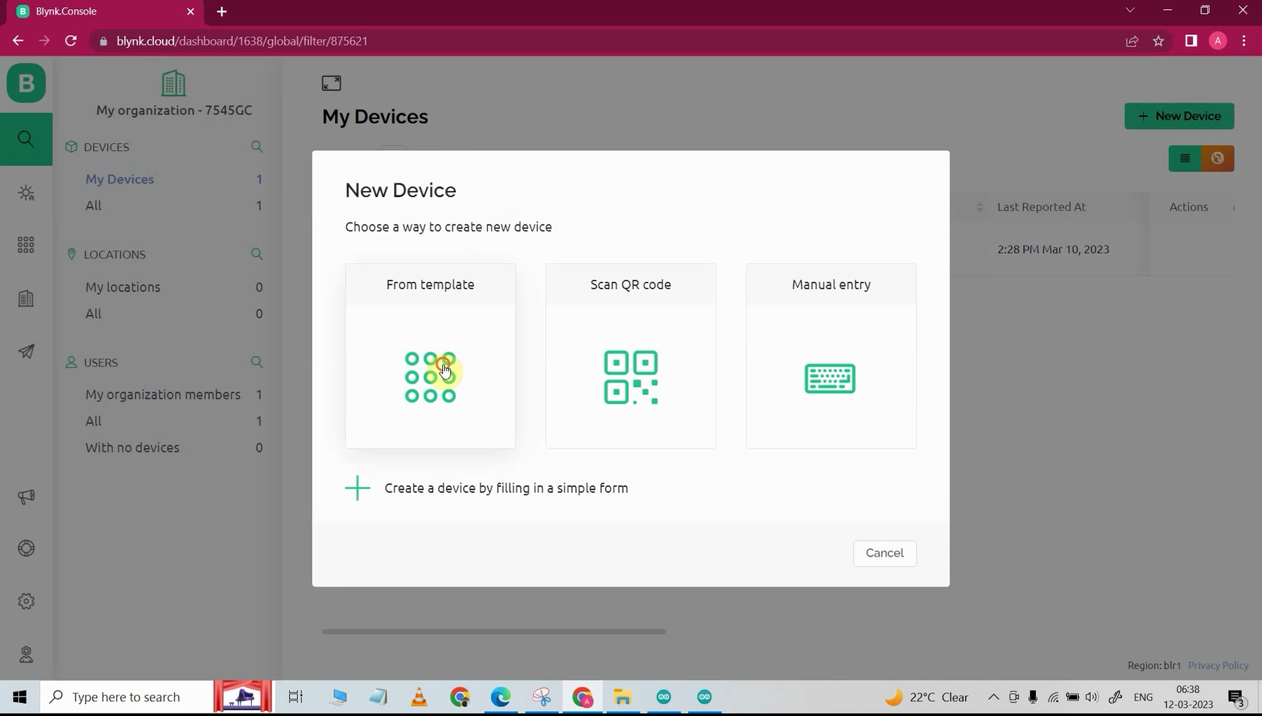 Add Device Using Template in Blynk IoT