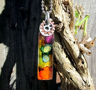 Altered Glass Tile Pendant Necklace - Ink Dyed Steampunk