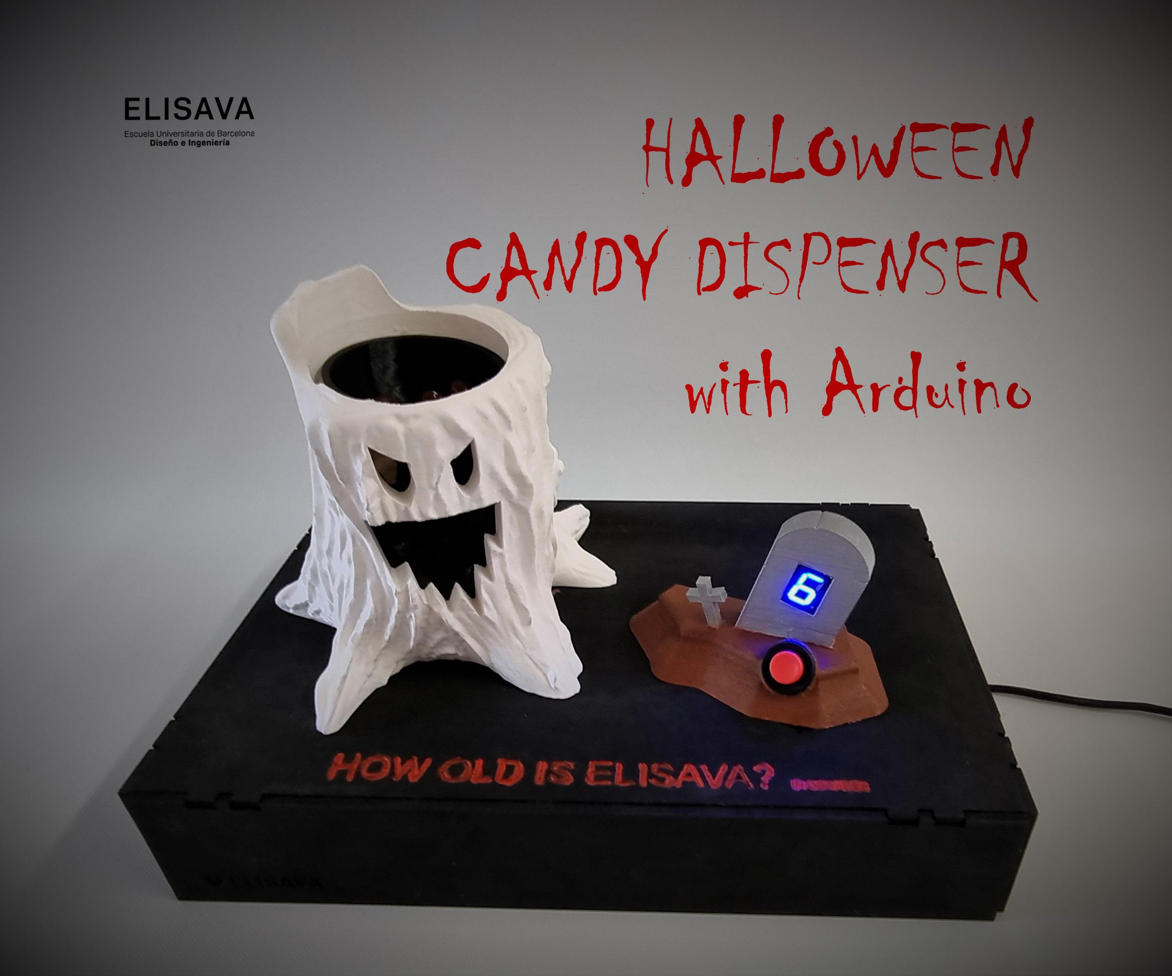 HALLOWEEN DIY CANDY DISPENSER WITH RIDDLE, 7-SEGMENTS & PUSHBUTTON, ARDUINO & 3D PRINTED  | ELISAVA  