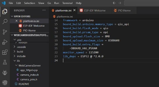 Use the Platformio Library Manager to Include the Espressif Camera Library Example Files