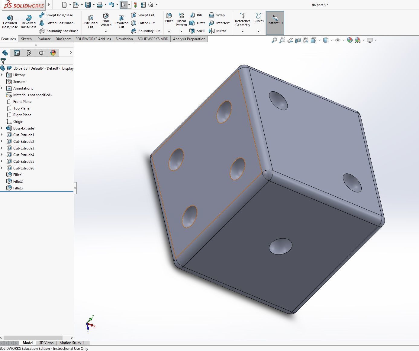 Learning a Few Basic Functions of SOLIDWORKS: Making a Six Sided Dice