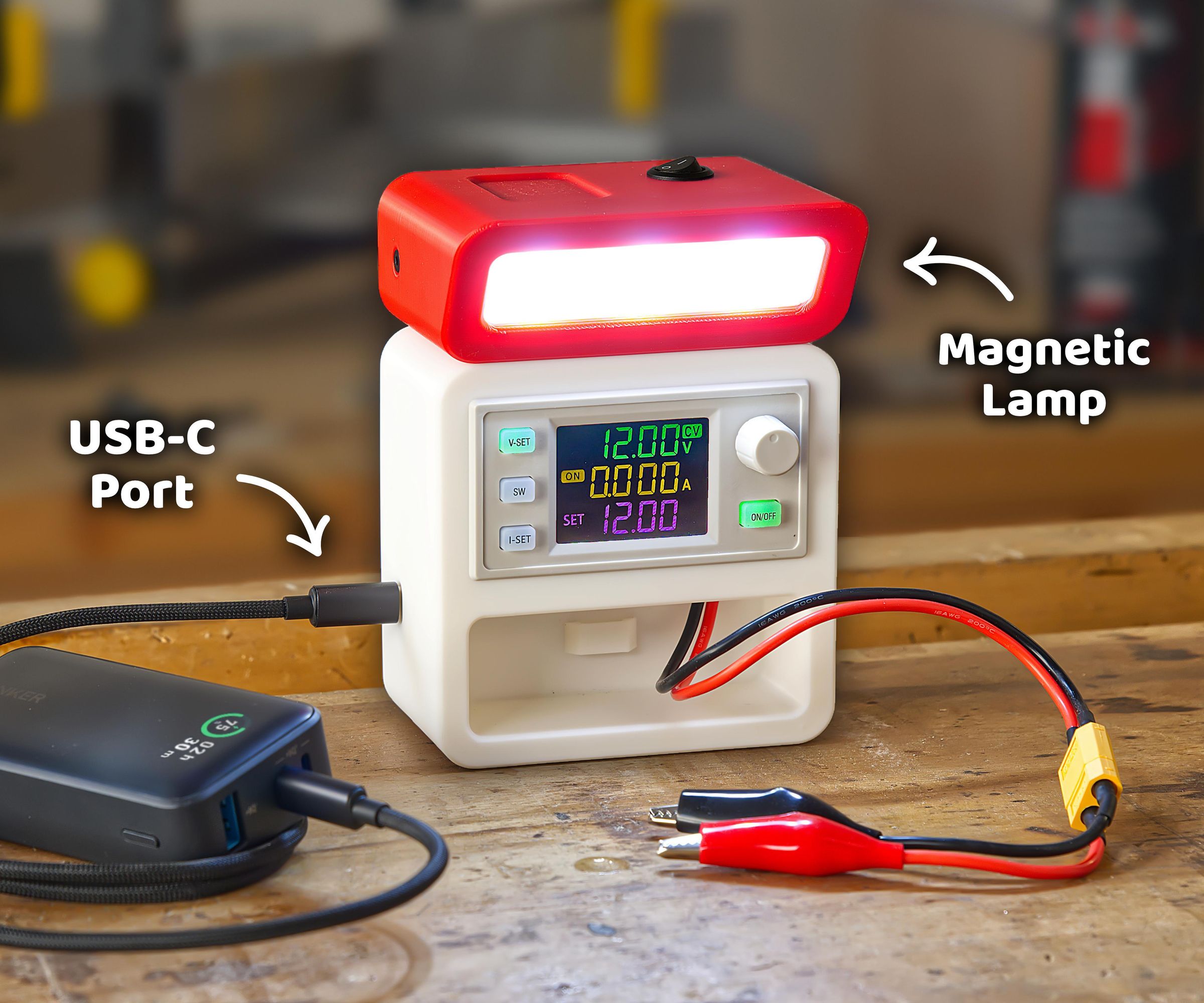 Portable USB-C Lab Bench Power Supply With Magnetic Lamp
