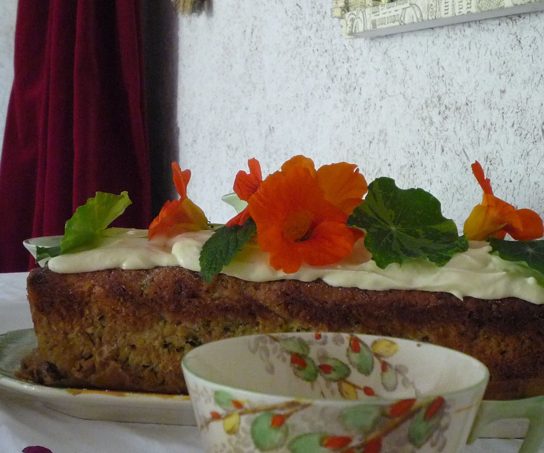 Organic Courgette Zucchini  Cake Recipe With Raw Cream Chantilly and Nasturtiums