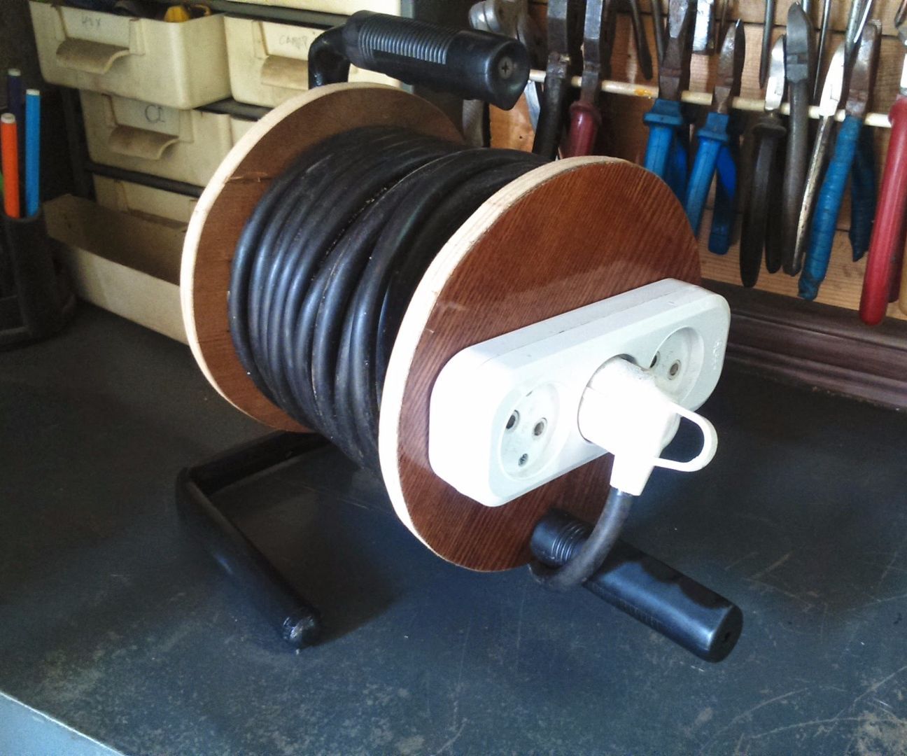 homemade extension cord on the reel