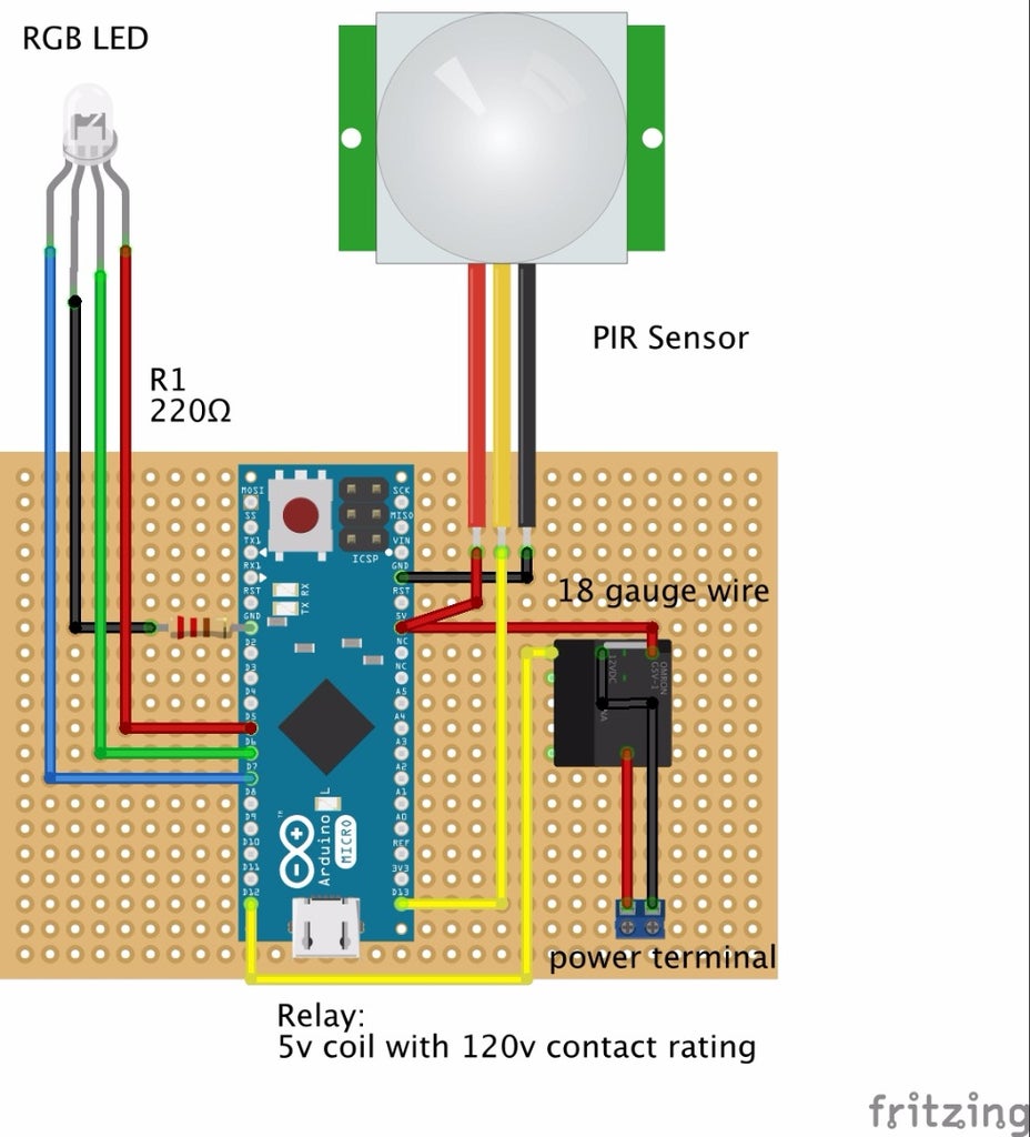 Arduino PIR Motion Sensor 4 Steps with Pictures Circuit Diagram