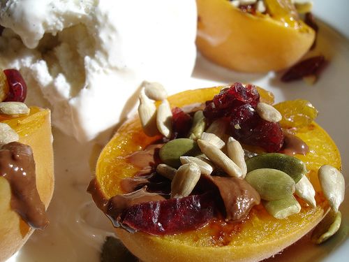 Grilled Apricots, Melted Chocolate, Nuts and Fruits, Vanilla Icecream