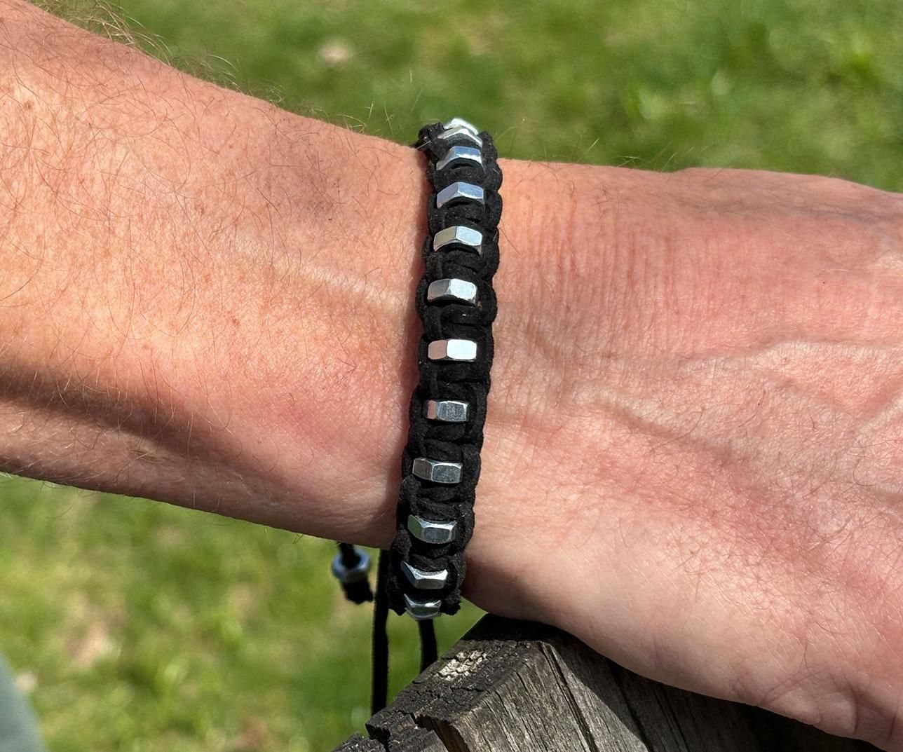Unisex Leather Bracelet With Stainless Steel Hex Nut Accents
