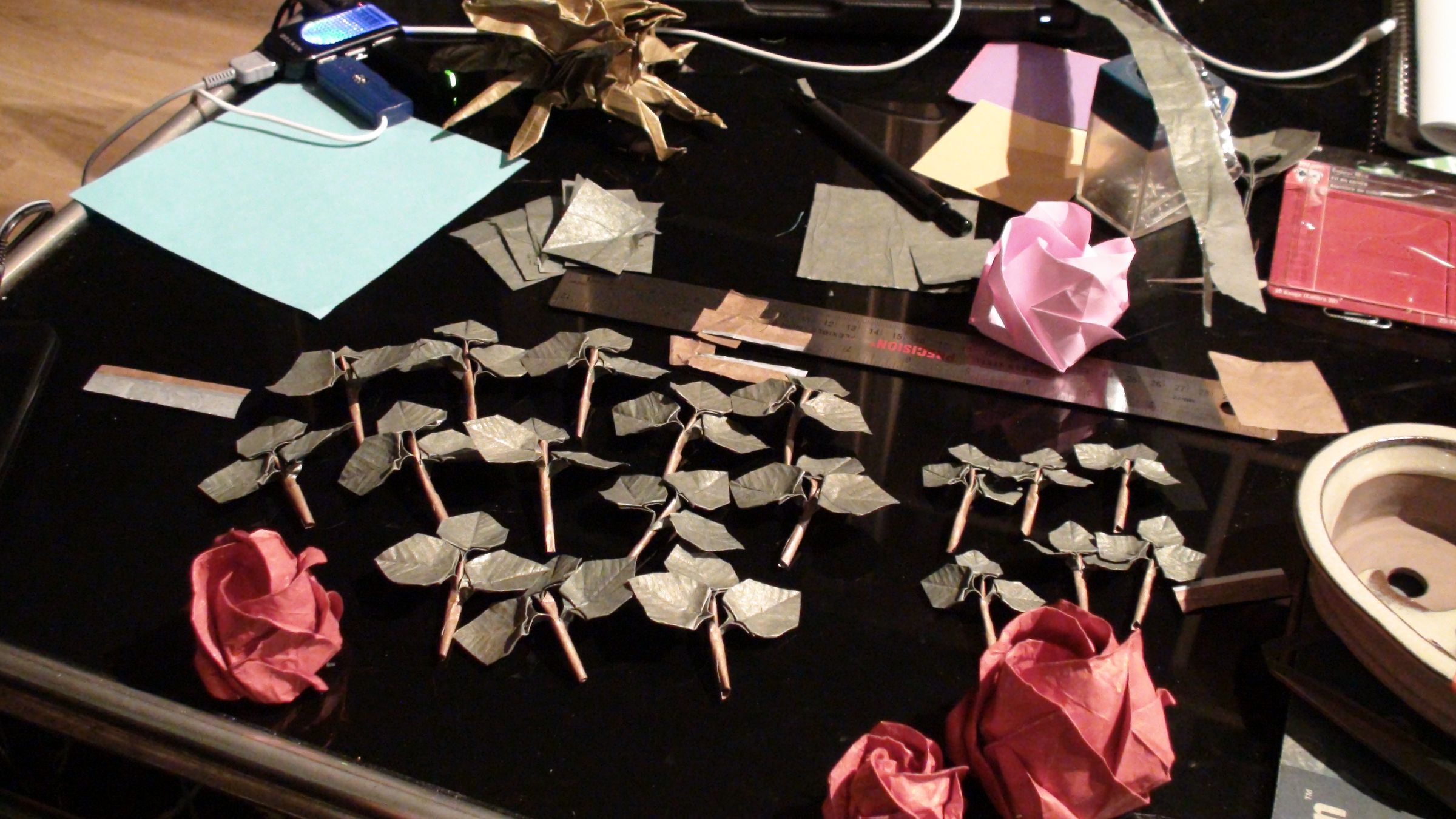 Origami Rose Bush Bonsai 4 - Leaves, Stems, and Thorns