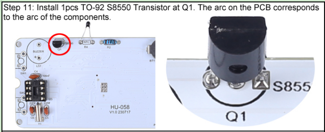 Install 1pcs TO-92 S8550 Transistor at Q1