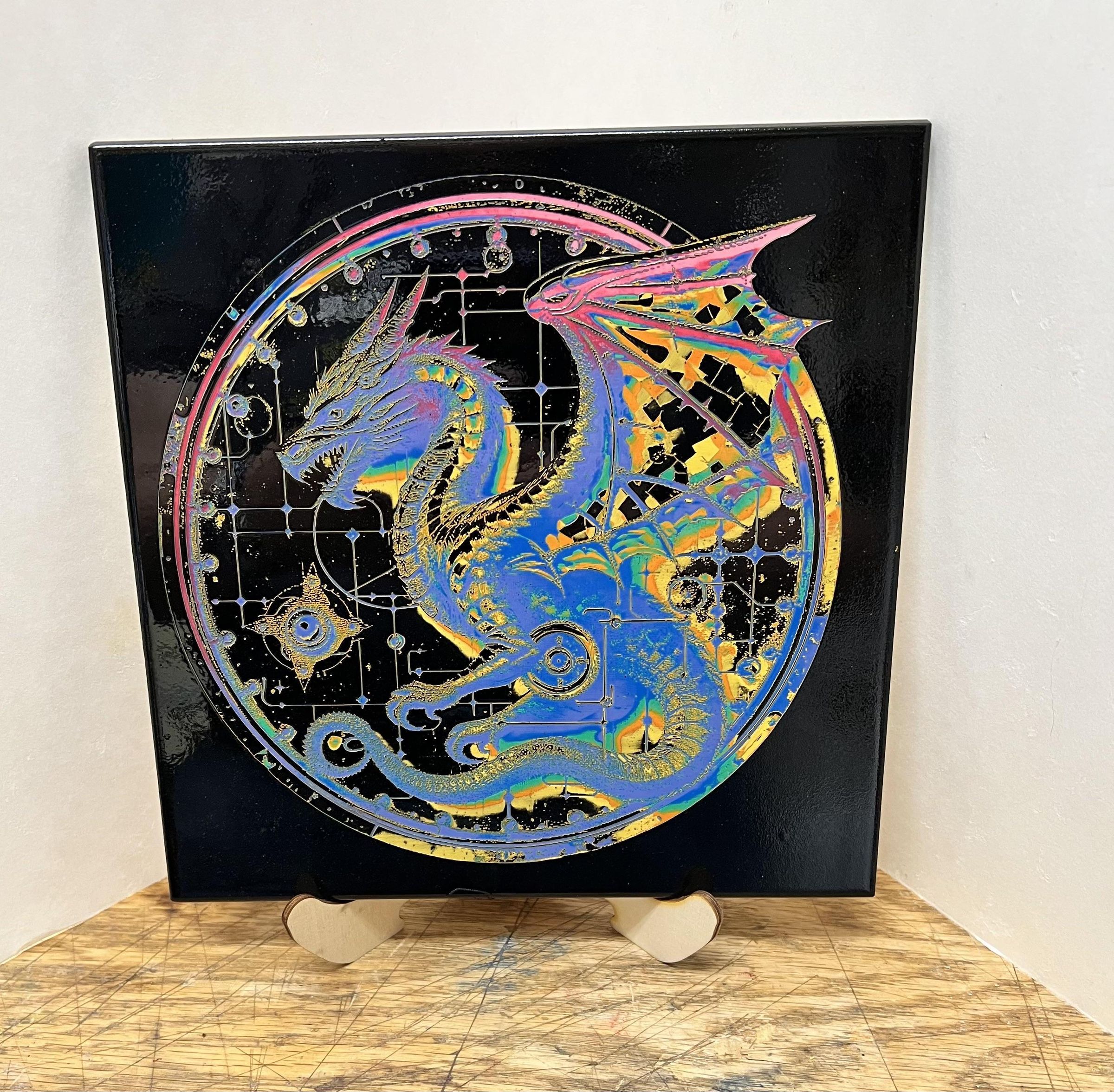 TILE LASER ART - Multi Colored Dragon Circle