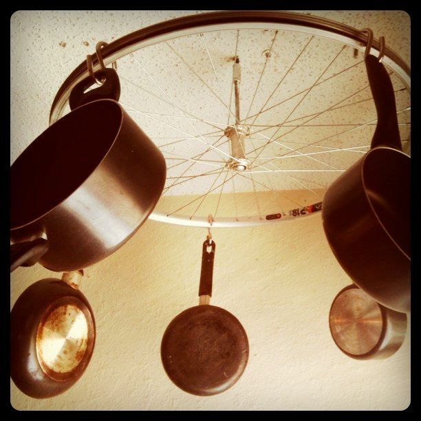 DIY Bicycle Wheel Pots and Pans Rack