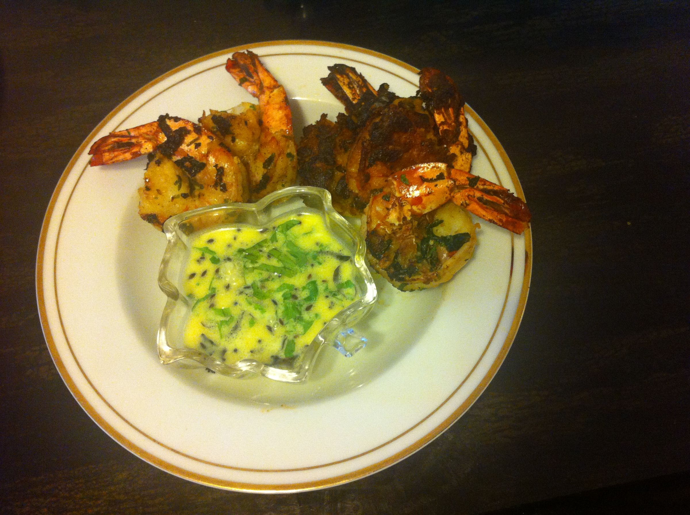 Grilled Tiger Prawns With Yogurt Coconut Chutney, Cumin Rice and Kale