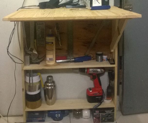 Pallet Shelves Table With Hand Tools and Drill
