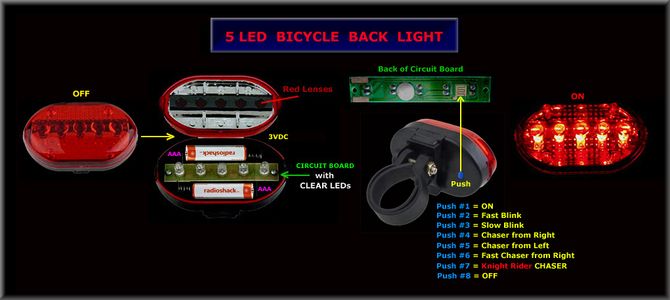 ORIGINAL 5 LED BICYCLE BACK LIGHT OPERATION: