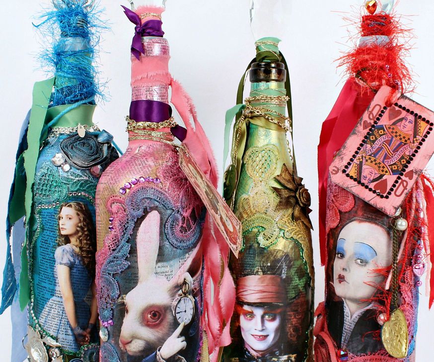 Alice Through the Looking Glass Mixed Media Bottles