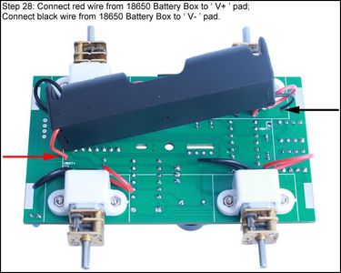 Connect Red Wire From 18650 Battery Box to ‘ V+ ’ Pad; Connect Black Wire From 18650 Battery Box to ‘ V- ’ Pad