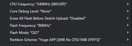 Ensure That the CPU Frequency, Core Debug Level, Erase All Flash Before Sketch Upload, Flash Frequency, and Flash Mode All Match the Settings Within the Pictures Provided