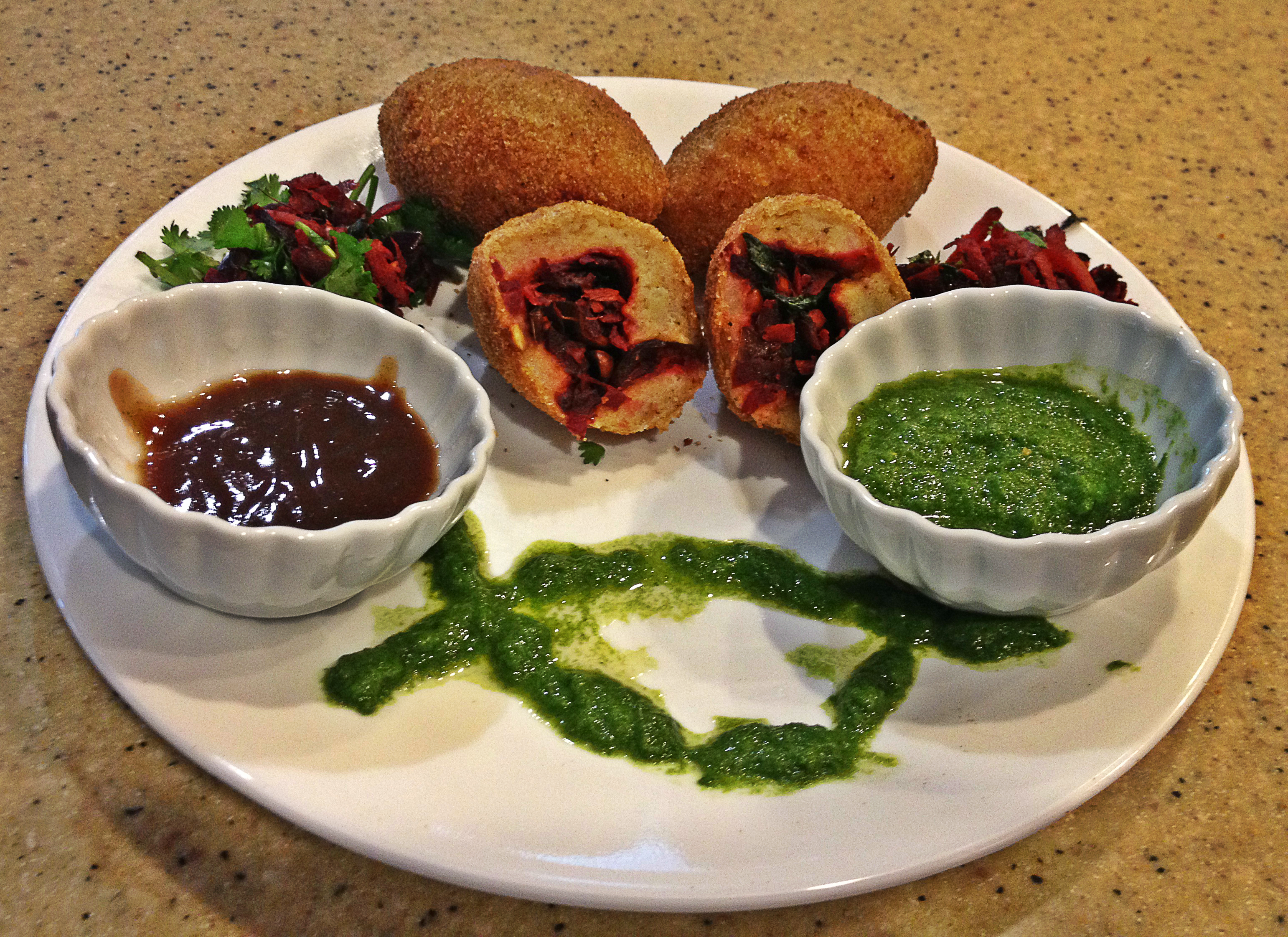 Vegetable Stuffed Potato Cutlets with Tamarind & Cilantro-Lemon Chutney