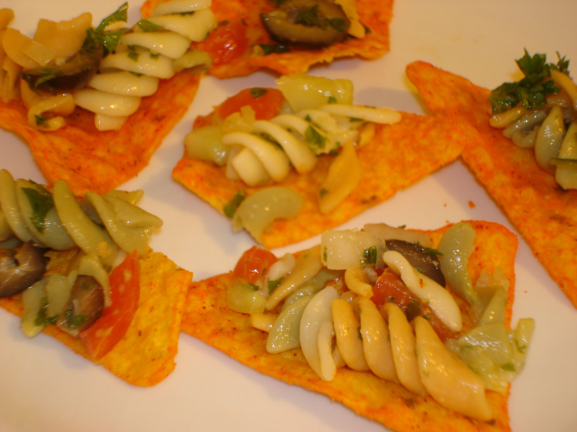 Nacho Cheese Rotini Salad on a Chip