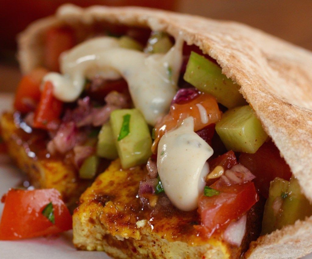 Spicy Masala Rubbed Tofu Pitas with Mint Cumin Coconut Yoghurt Sauce