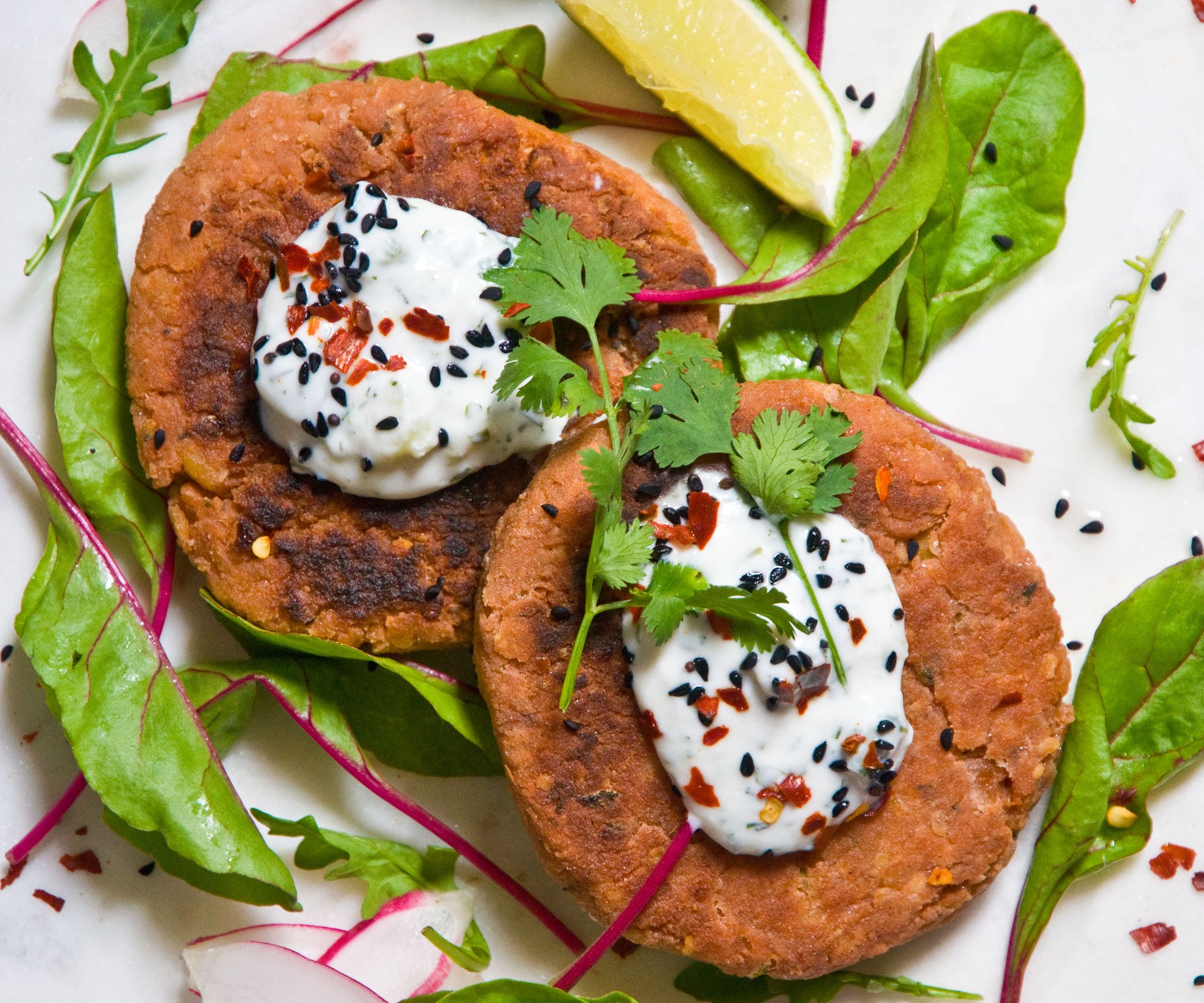 Spiced Chickpea Lentil Patties With Garlic Coriander Cream