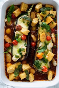Roasted Aubergine, Tomato Sauce, Beans and Ricotta Gnocchi
