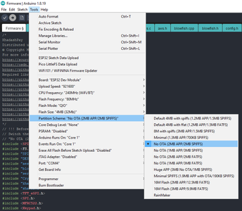 Switch the Partition Scheme to the "No OTA (2MB APP/2MB SPIFFS)"