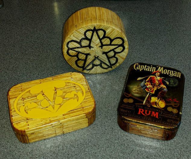 Matchwork tins and boxes.