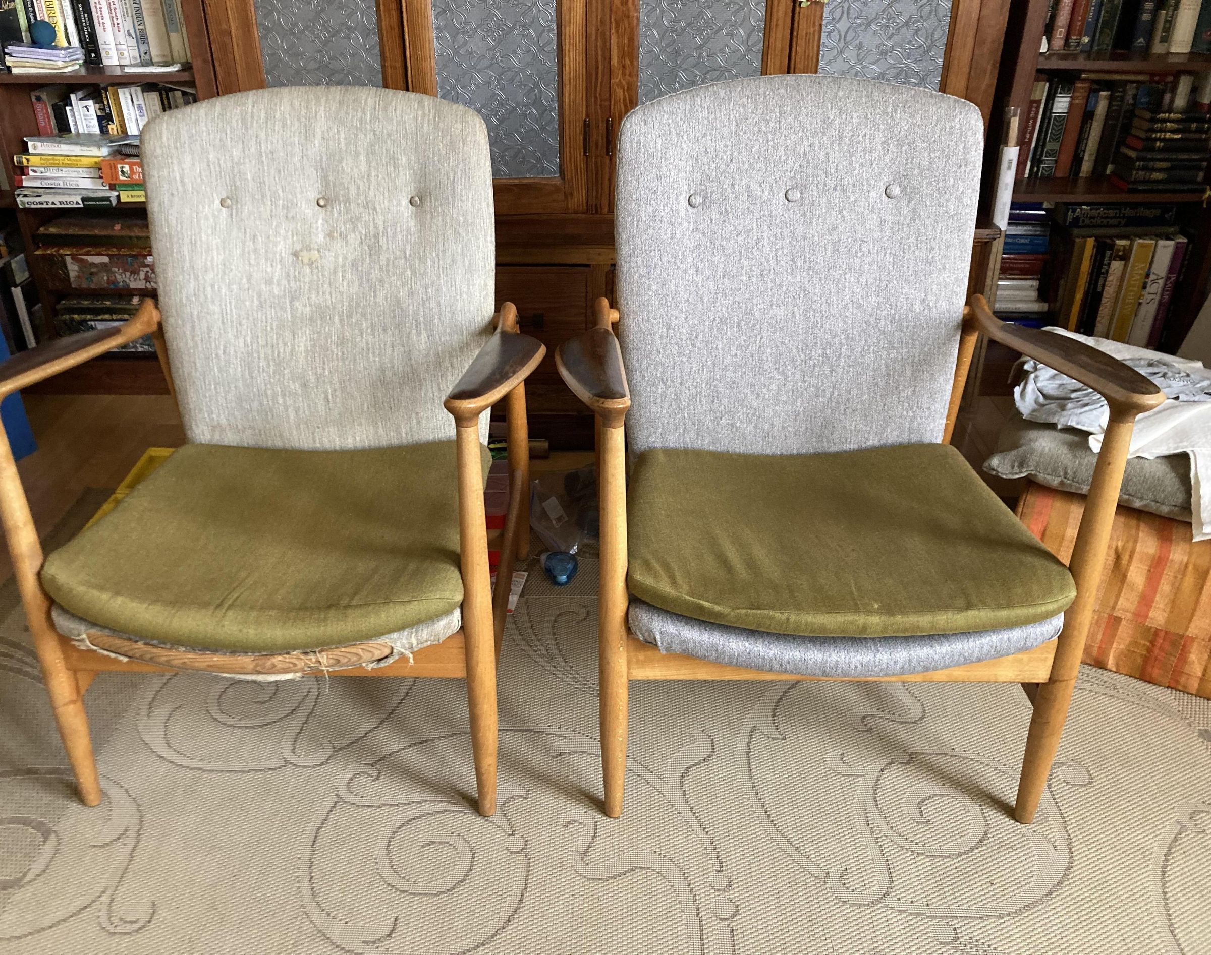 TWO FINN JUHL CHAIRS - DOCUMENTING ORIGINAL MATERIALS, AND REUPHOLSTERING