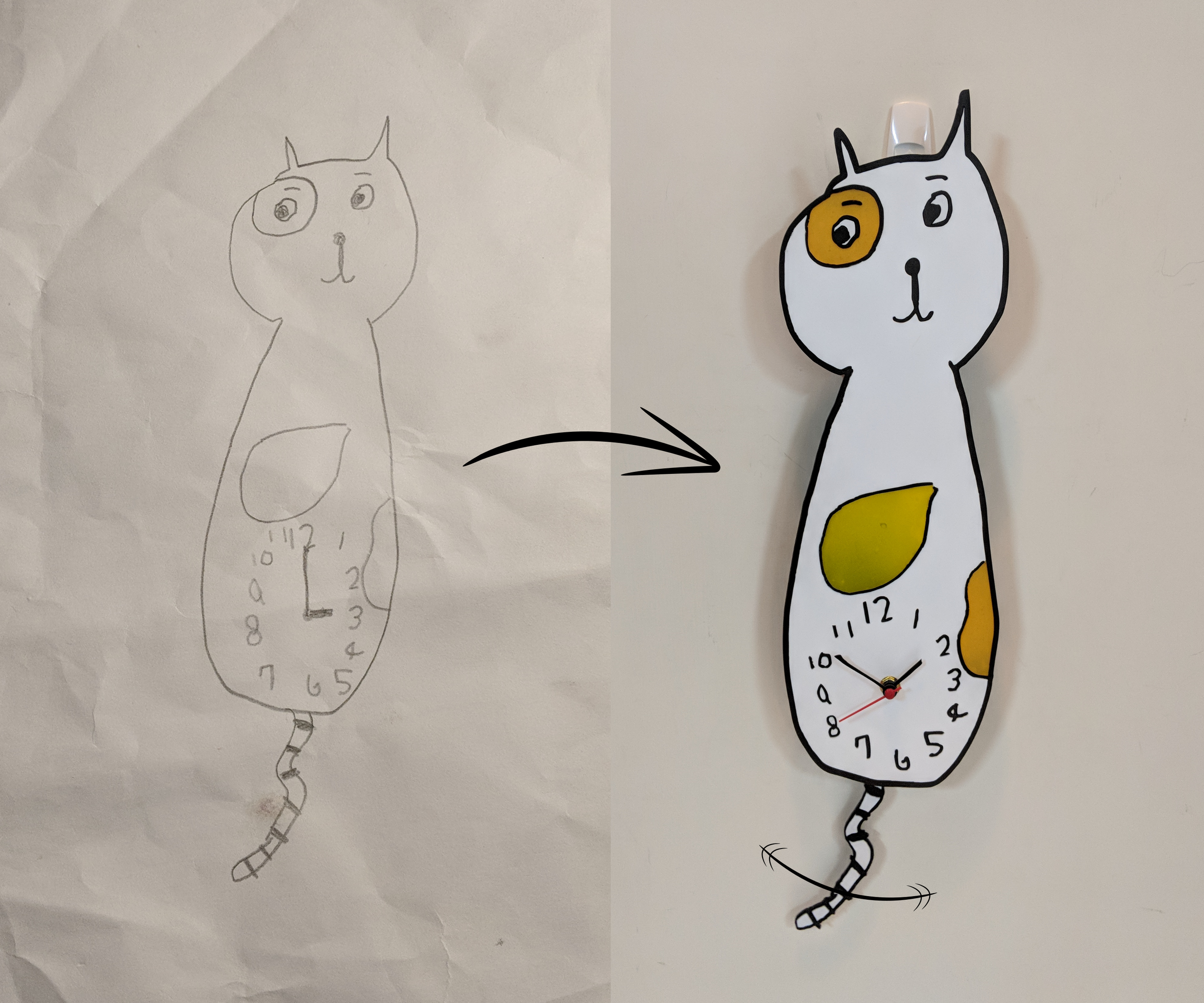 Turn Kids' Drawing Cat Clock Into Reality (with Swinging Tail)