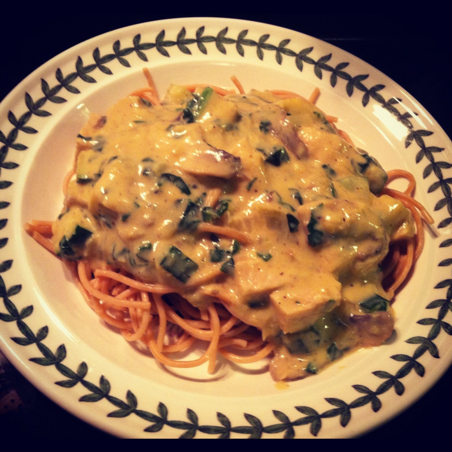 Vegan Alfredo Sauce With Delight Soy, Spinach, Mushrooms, and Squash