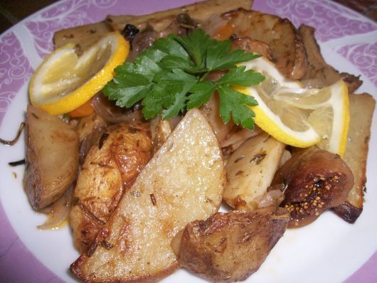 Vegan Recipe With Potatoes, Fruits and Herbs