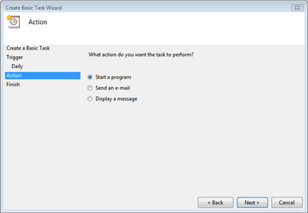 Set the Action and the Start a Program Screen