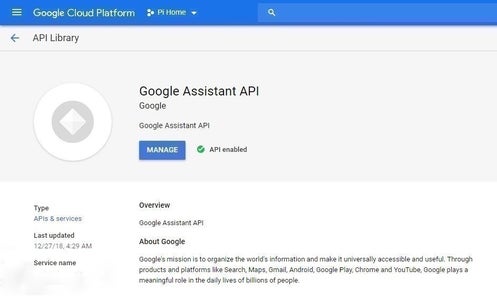 Enabling the Google Assistant Cloud Project.